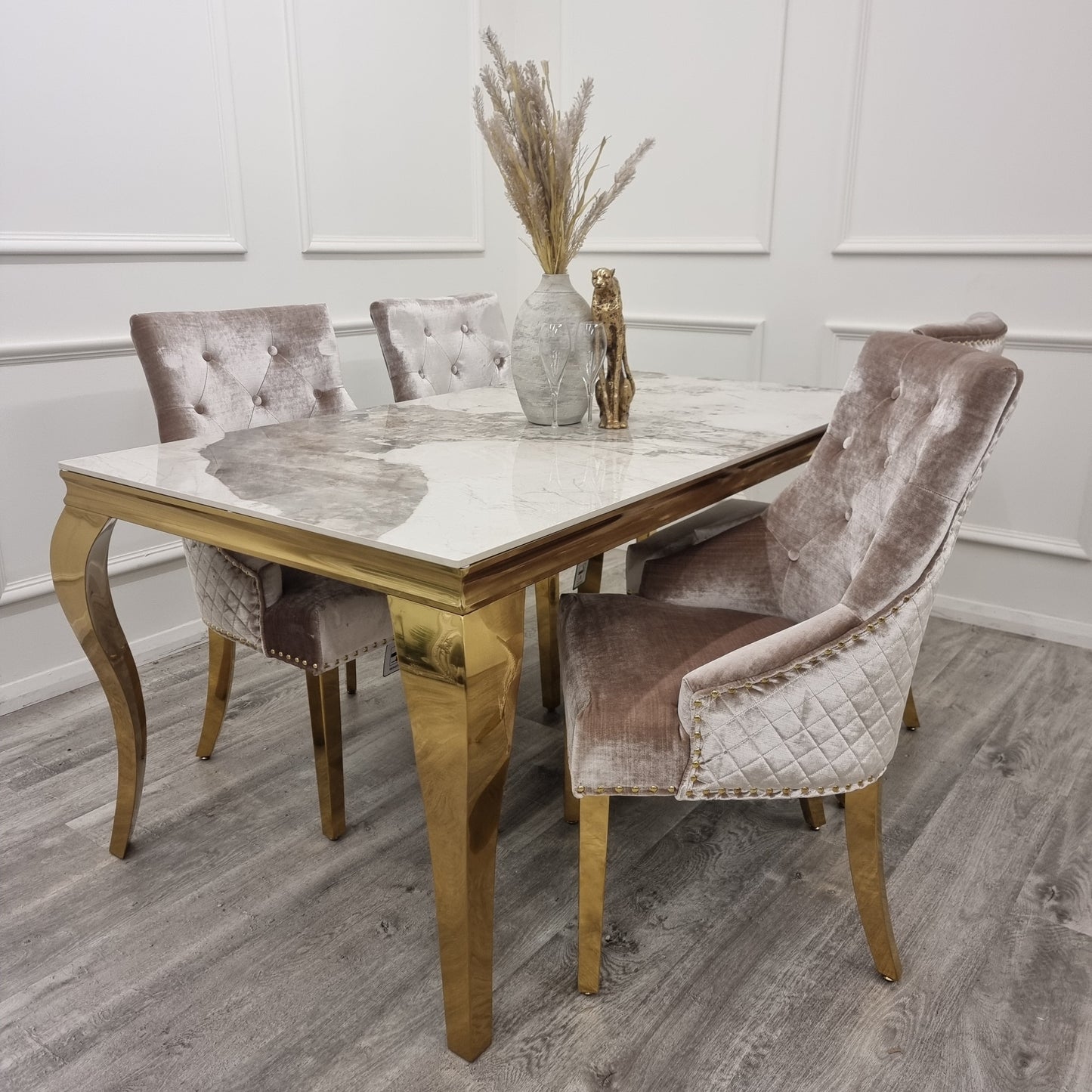 Bentley Gold Dining Chair – Gold Lion Knocker , Studded Border , Quilted Back.