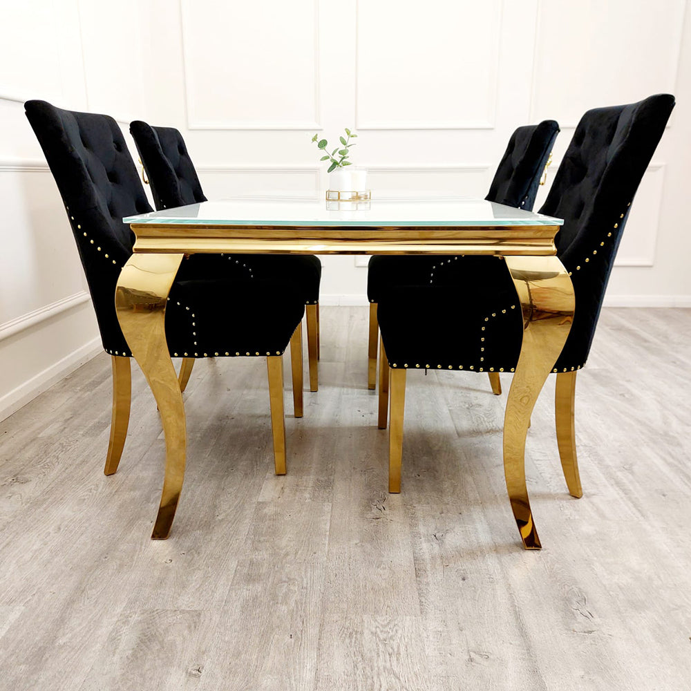 Bentley Gold Dining Chair – Gold Lion Knocker , Studded Border , Quilted Back.