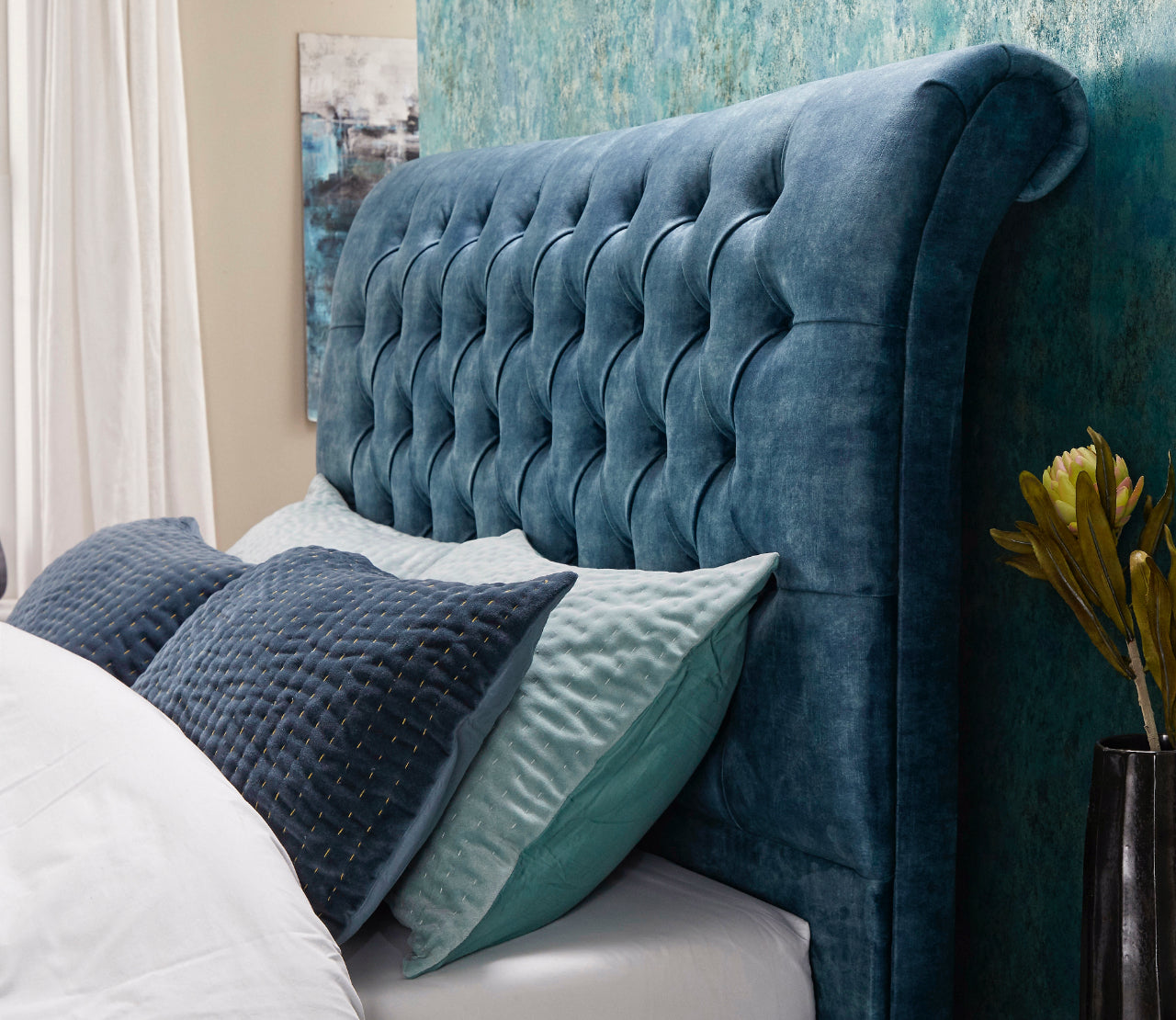 Upholstered Blue Swan King Size Bed Frame