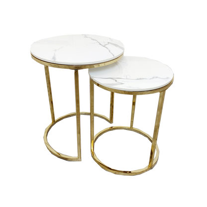 Cato SHORT Nest of 2 short Gold Tables - white