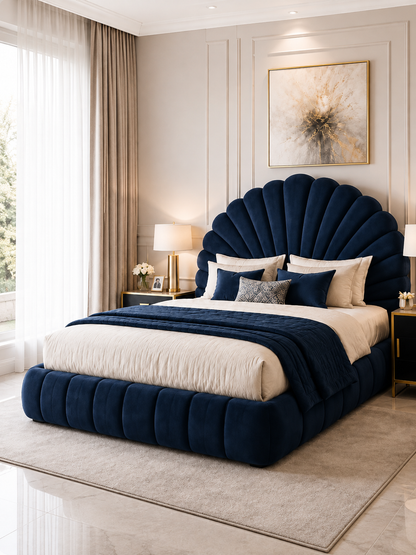 Capri Scalloped Shell Velvet Ottoman Storage Bed – Sapphire Blue shown from the side in a styled bedroom