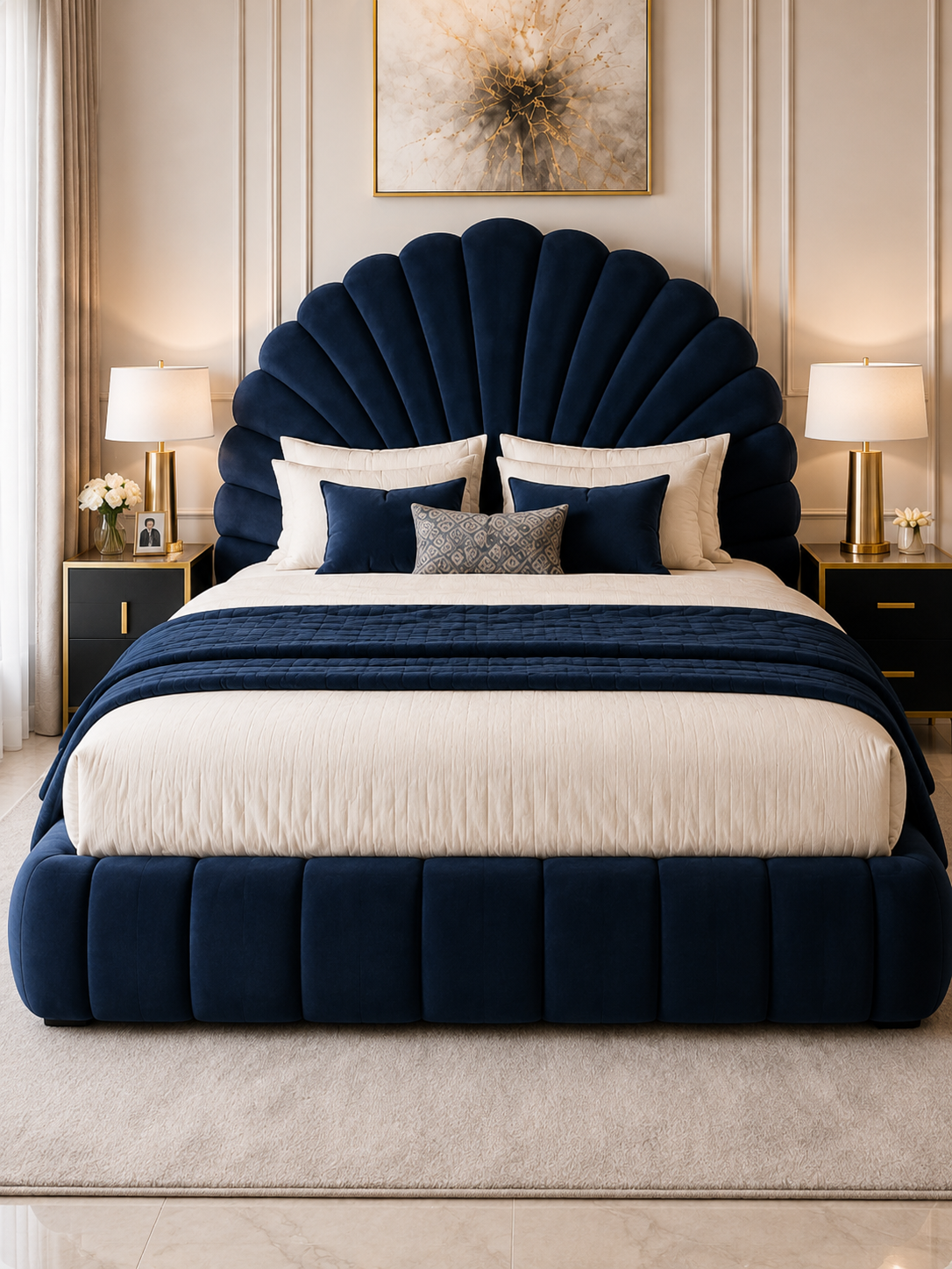 Capri Scalloped Shell Velvet Ottoman Storage Bed – Sapphire Blue