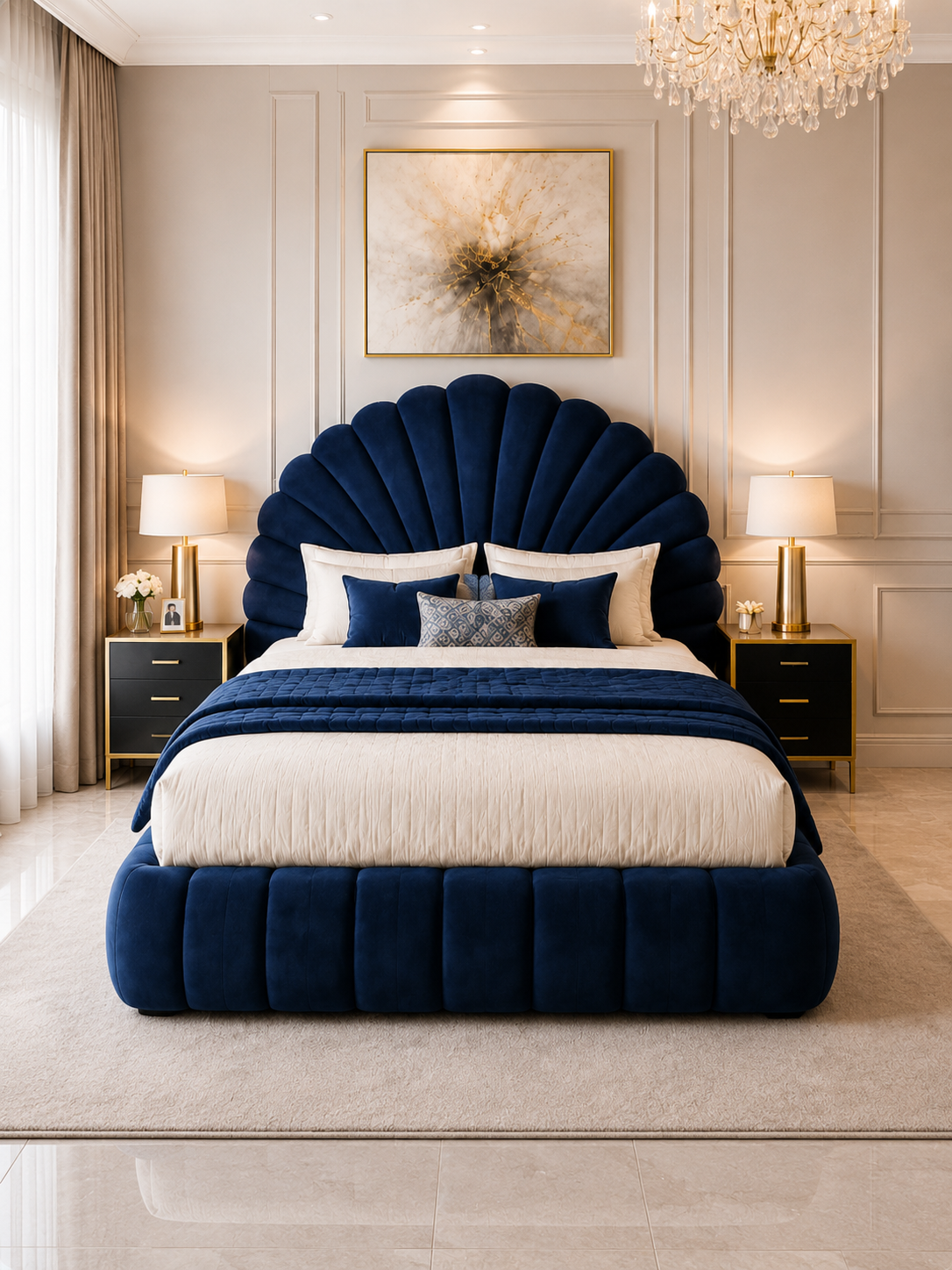 Close detail of the scalloped shell headboard on the Capri Scalloped Shell Velvet Ottoman Storage Bed – Sapphire Blue
