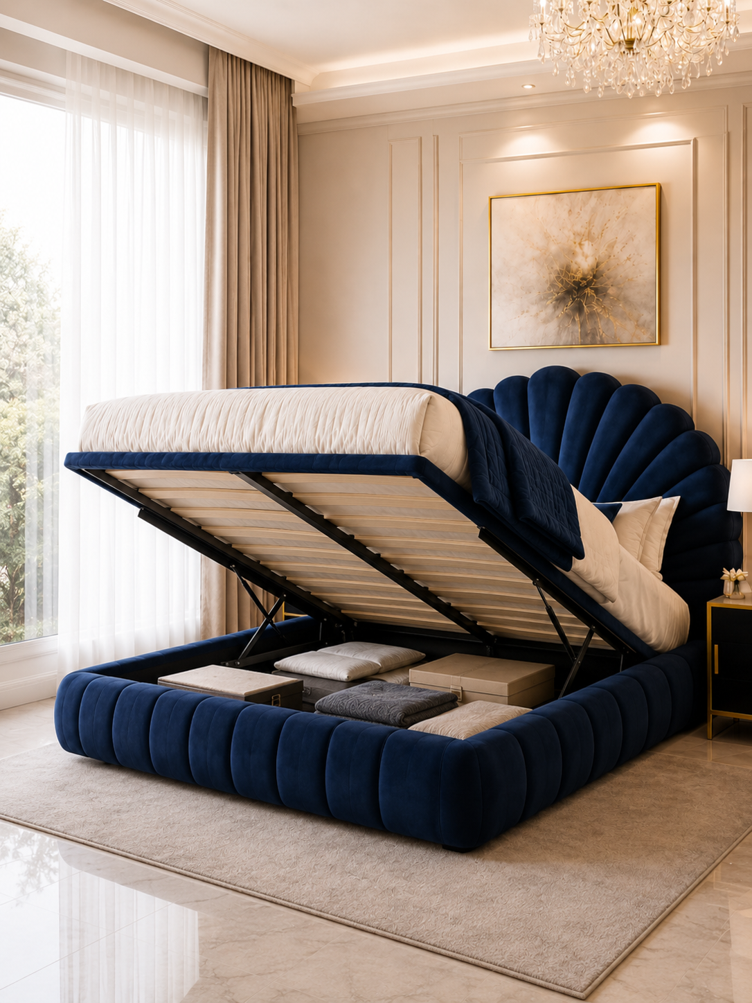 Capri Scalloped Shell Velvet Ottoman Storage Bed – Sapphire Blue with the gas-lift base raised, showing the under-bed storage