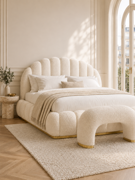 Monaco Bouclé Scalloped Shell Ottoman Storage Bed – Ivory White shown from the side in a styled bedroom