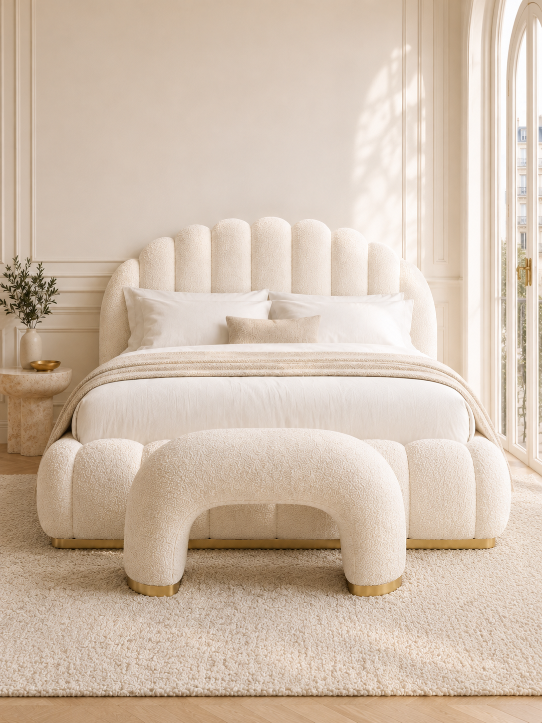 Close detail of the scalloped boucle shell headboard on the Monaco Bouclé Scalloped Shell Ottoman Storage Bed – Ivory White
