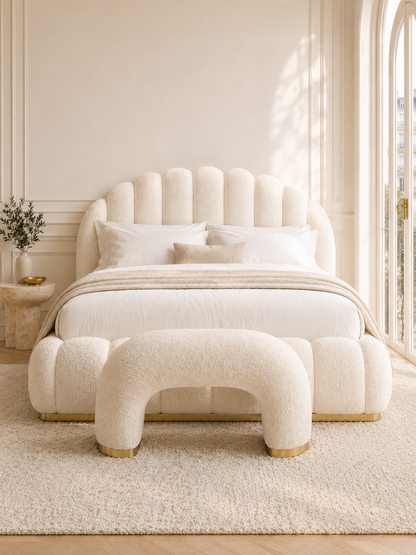 Close detail of the scalloped boucle shell headboard on the Monaco Bouclé Scalloped Shell Ottoman Storage Bed – Ivory White