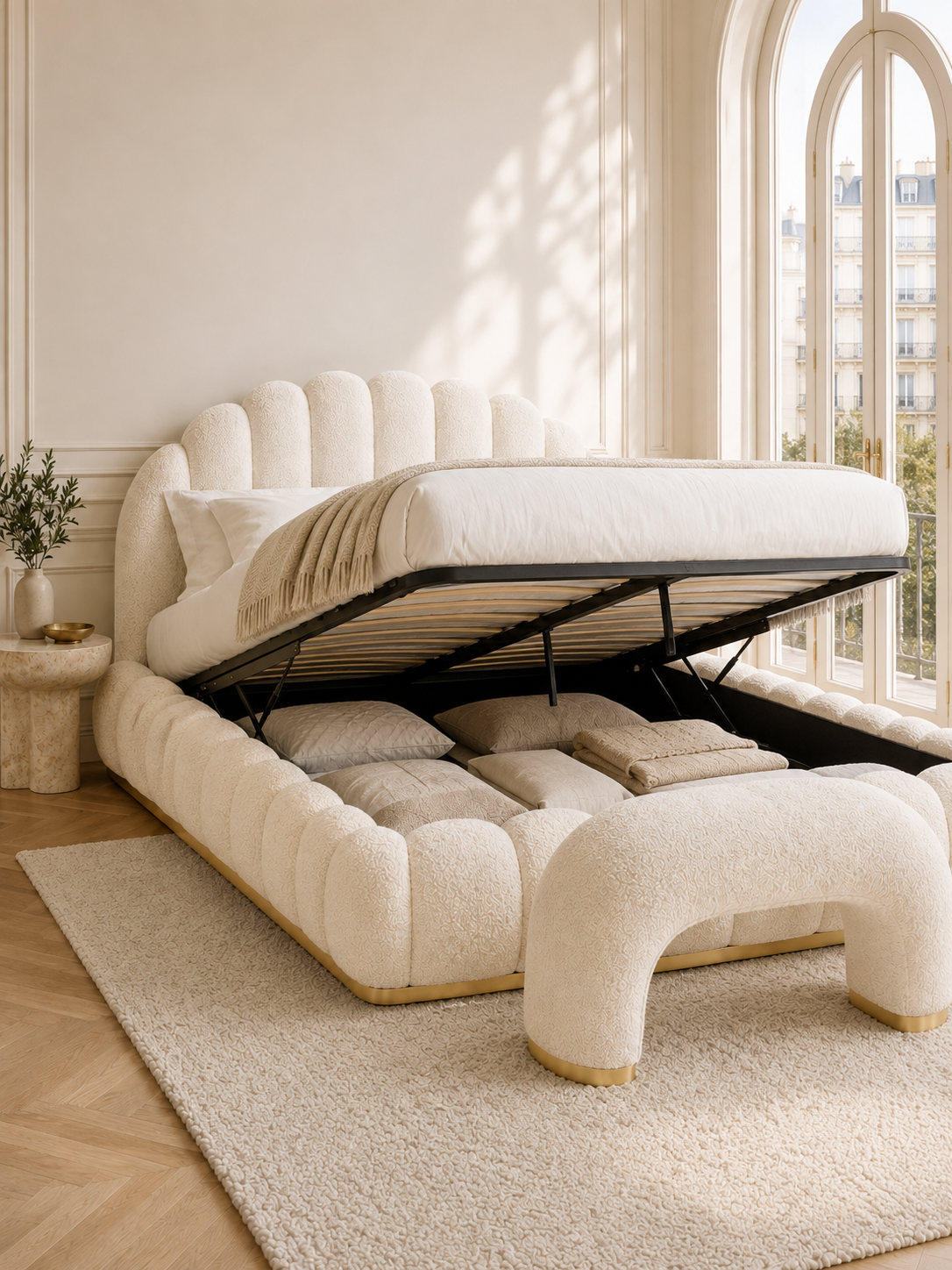 Monaco Bouclé Scalloped Shell Ottoman Storage Bed – Ivory White with the gas-lift base raised, showing the under-bed storage