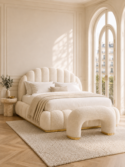 Monaco Bouclé Scalloped Shell Ottoman Storage Bed – Ivory White