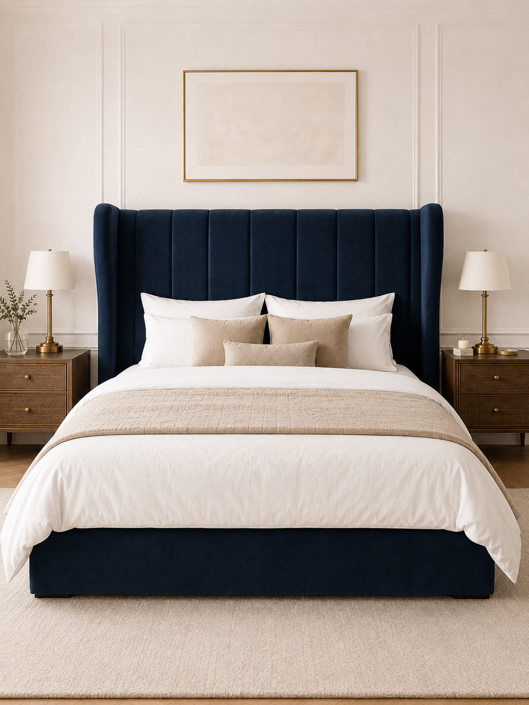 Kensington Vertical-Channel Wingback Ottoman Storage Bed – Navy Blue shown from the side in a styled bedroom