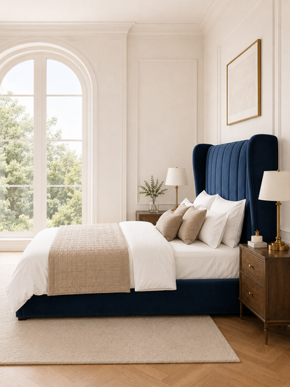 Close detail of the vertical channel wingback headboard on the Kensington Vertical-Channel Wingback Ottoman Storage Bed – Navy Blue
