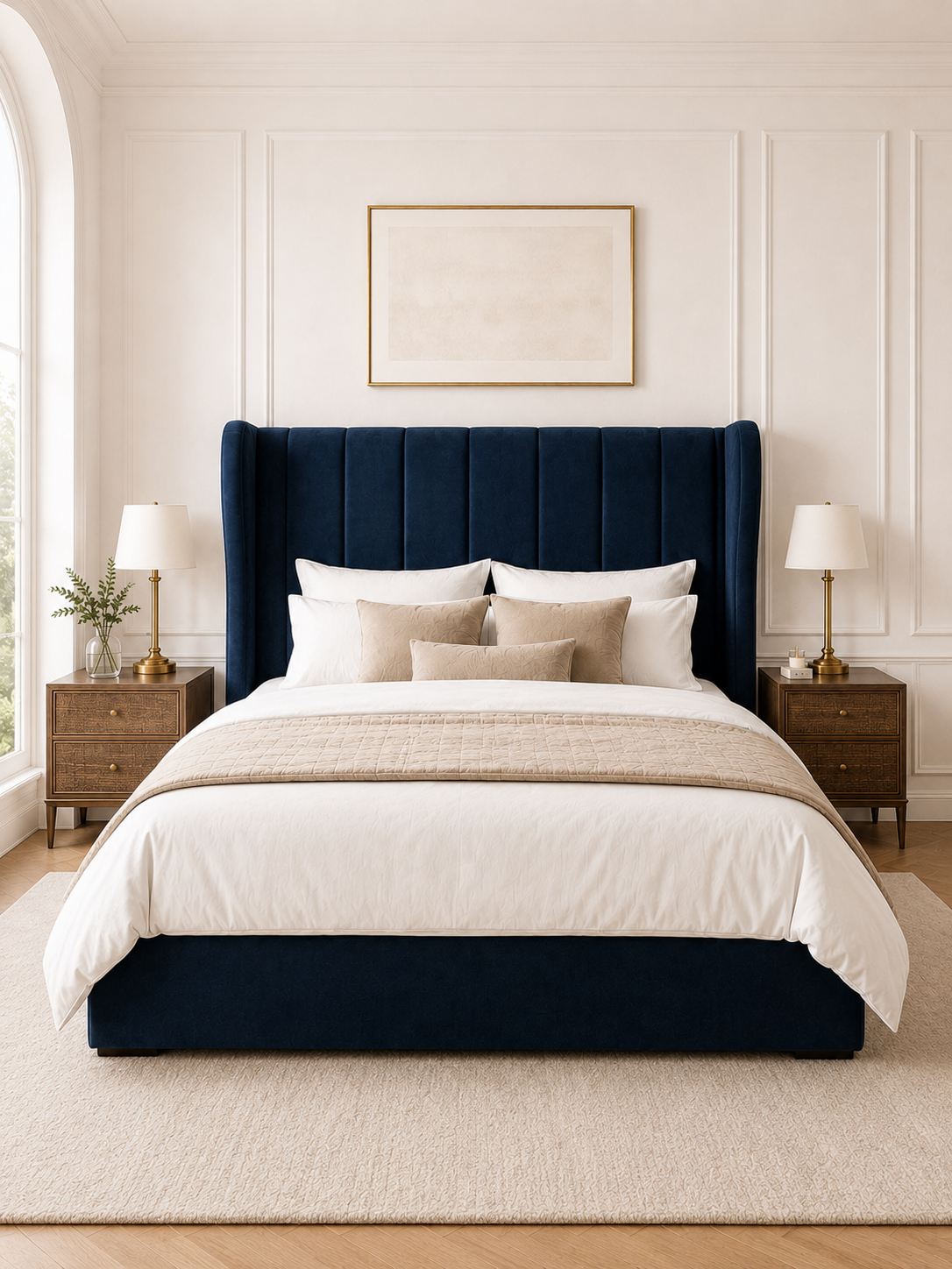 Kensington Vertical-Channel Wingback Ottoman Storage Bed – Navy Blue