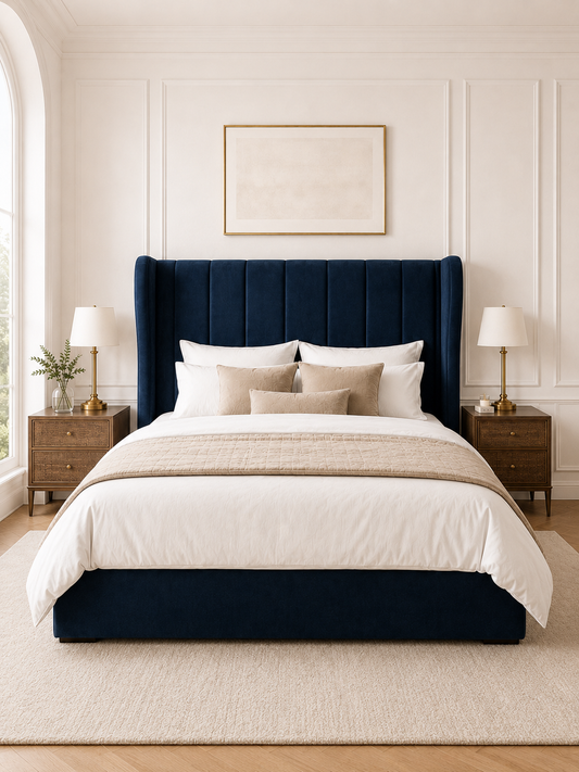 Kensington Vertical-Channel Wingback Ottoman Storage Bed – Navy Blue