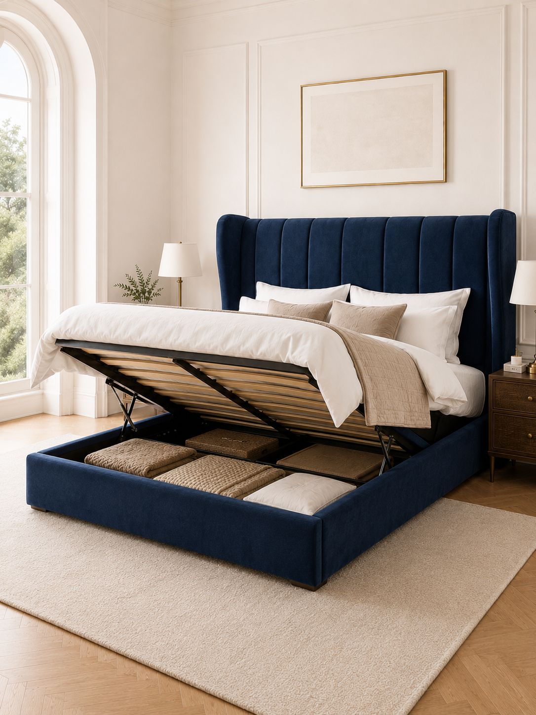 Kensington Vertical-Channel Wingback Ottoman Storage Bed – Navy Blue with the gas-lift base raised, showing the under-bed storage