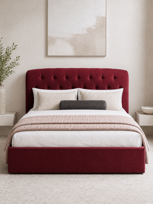 Verona Button-Tufted Wingback Ottoman Storage Bed – Berry Red