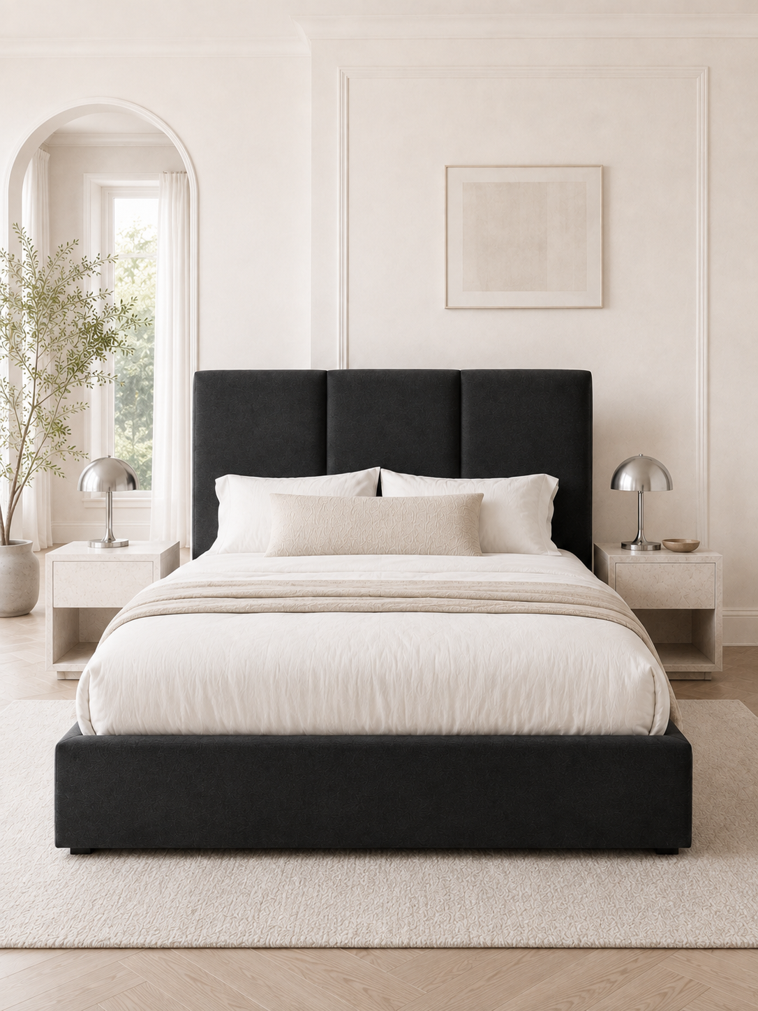 Close detail of the three-panel wingback headboard on the Milan Panelled Wingback Ottoman Storage Bed – Onyx Black