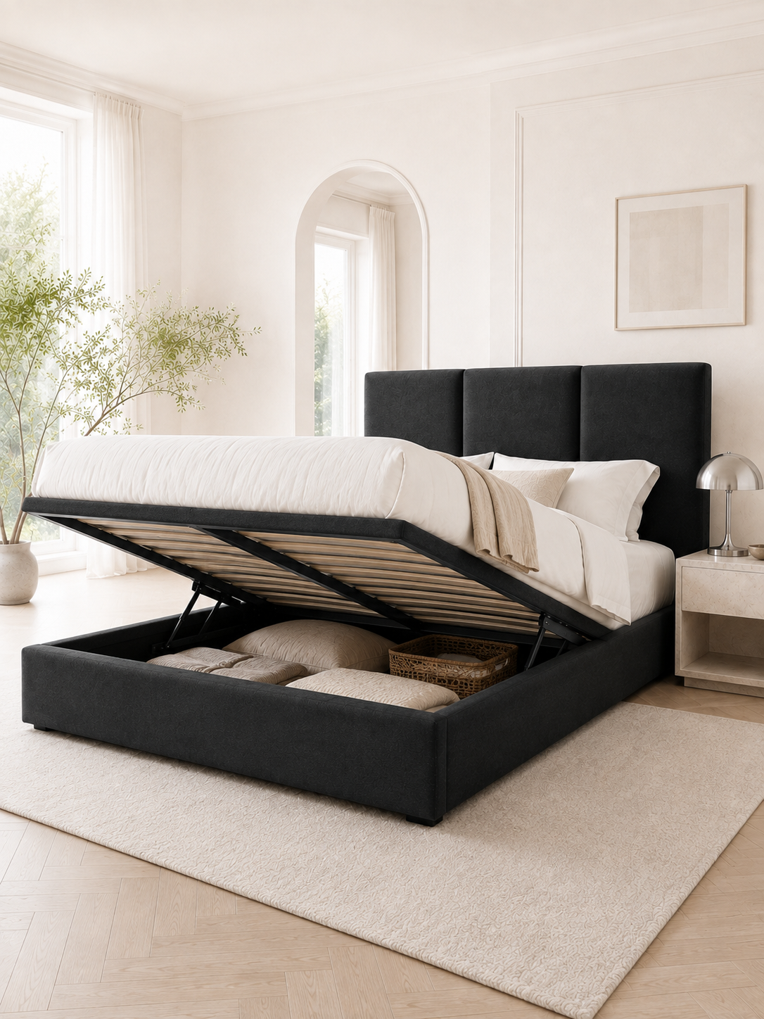 Milan Panelled Wingback Ottoman Storage Bed – Onyx Black with the gas-lift base raised, showing the under-bed storage