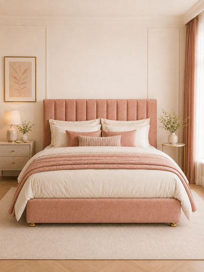 Siena Fluted Wingback Velvet Ottoman Storage Bed – Blush Pink shown from the side in a styled bedroom