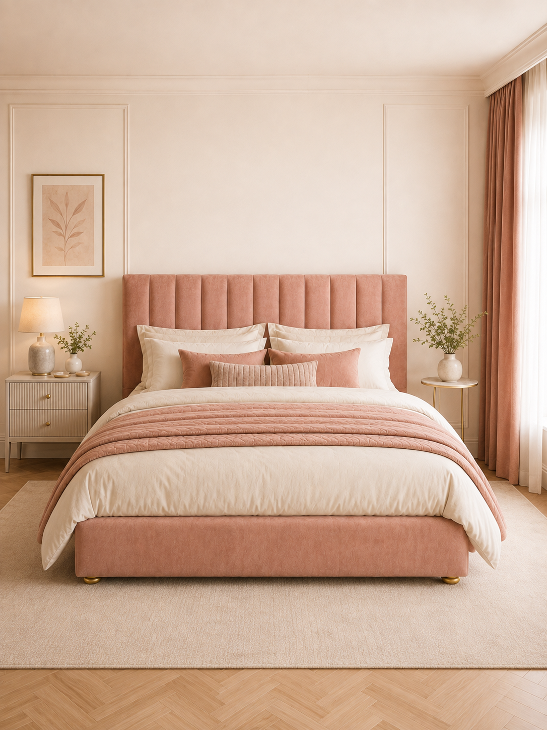 Close detail of the fluted wingback headboard on the Siena Fluted Wingback Velvet Ottoman Storage Bed – Blush Pink
