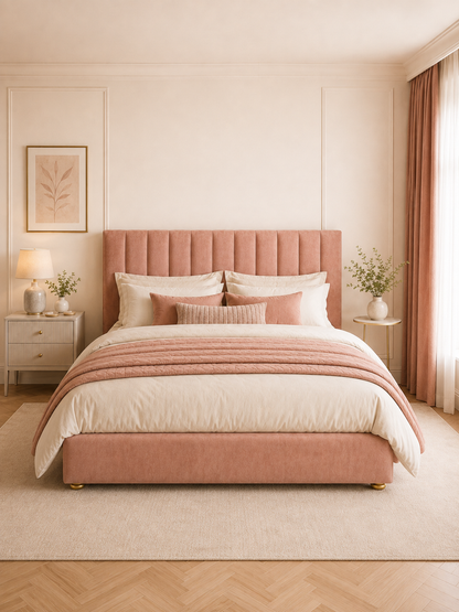 Close detail of the fluted wingback headboard on the Siena Fluted Wingback Velvet Ottoman Storage Bed – Blush Pink