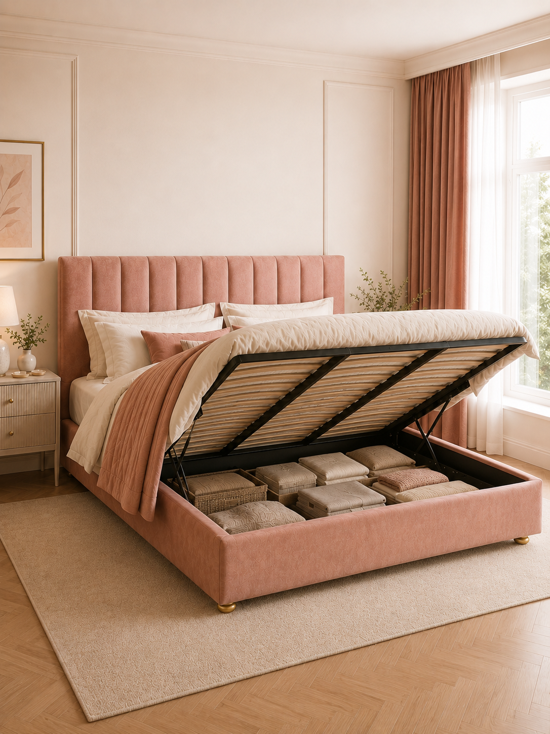 Siena Fluted Wingback Velvet Ottoman Storage Bed – Blush Pink with the gas-lift base raised, showing the under-bed storage