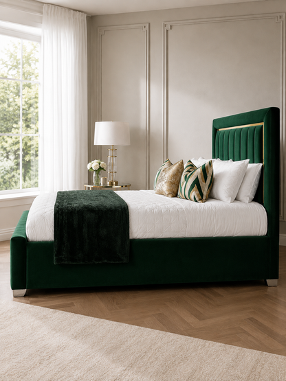Hudson Channel-Tufted Wingback Ottoman Storage Bed – Forest Green shown from the side in a styled bedroom