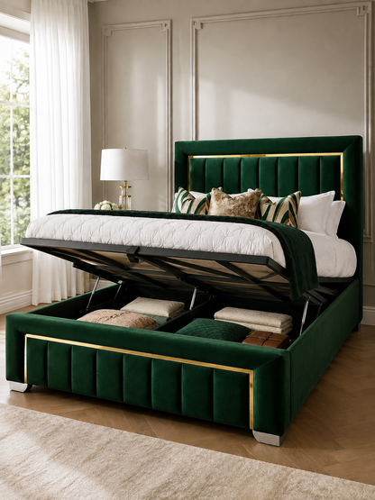 Hudson Channel-Tufted Wingback Ottoman Storage Bed – Forest Green with the gas-lift base raised, showing the under-bed storage
