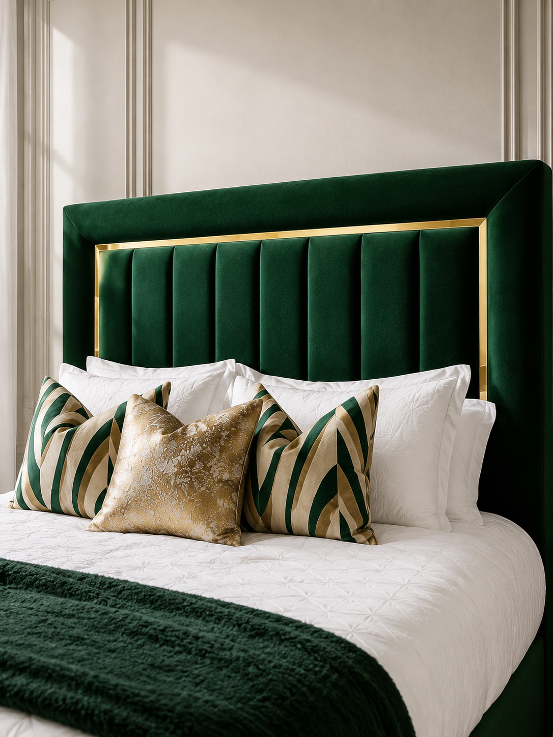 Close detail of the channel-tufted wingback headboard on the Hudson Channel-Tufted Wingback Ottoman Storage Bed – Forest Green