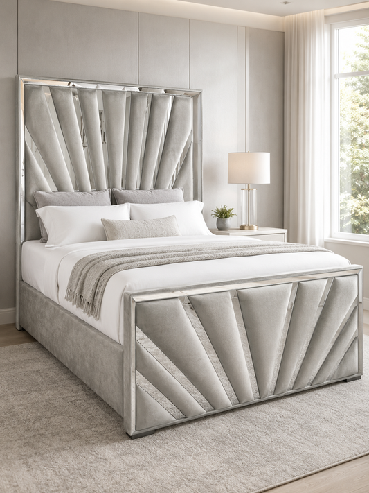 Belgravia Sunburst Deco Ottoman Storage Bed – Silver Grey shown from the side in a styled bedroom
