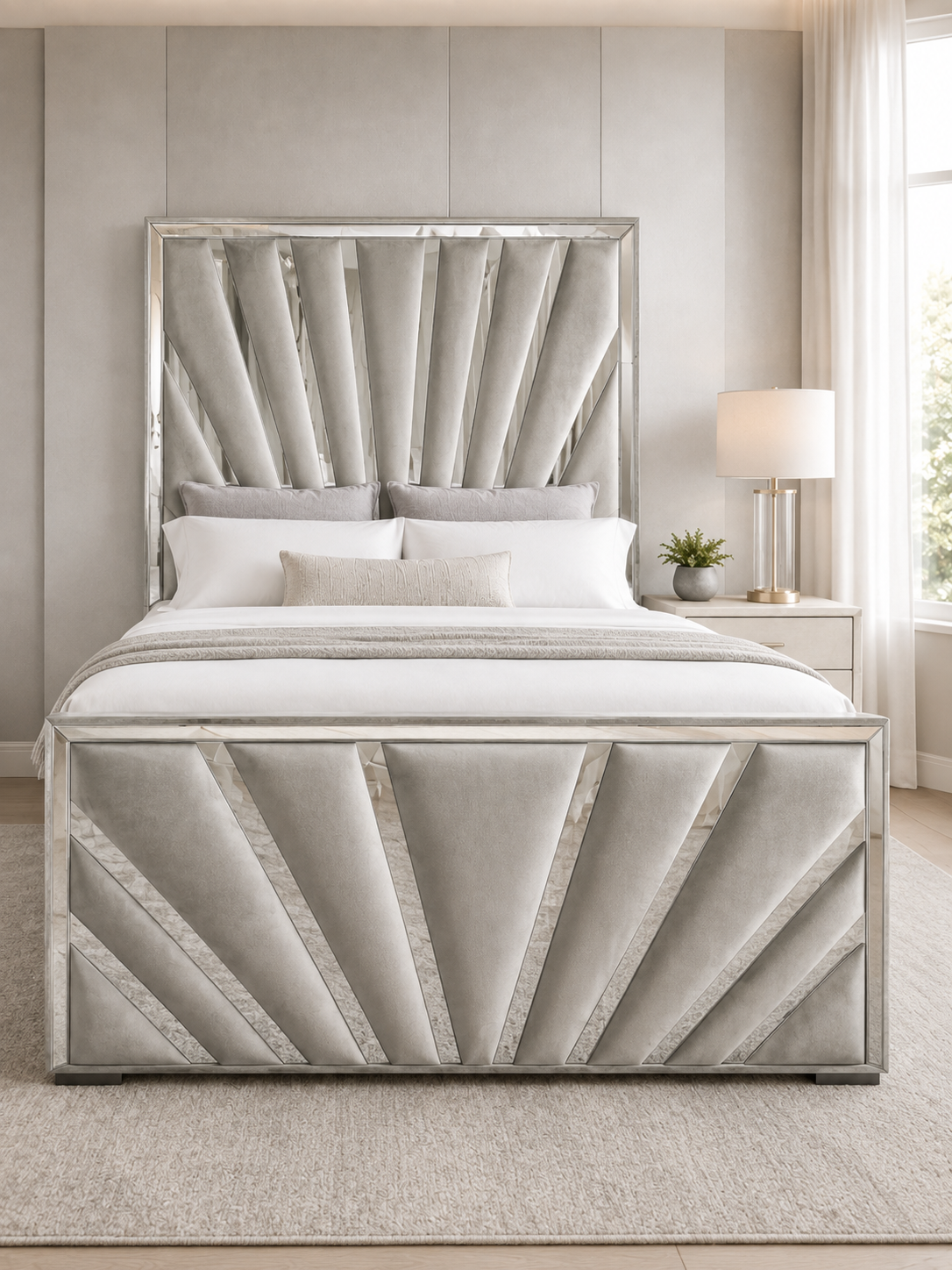 Close detail of the sunburst deco headboard on the Belgravia Sunburst Deco Ottoman Storage Bed – Silver Grey
