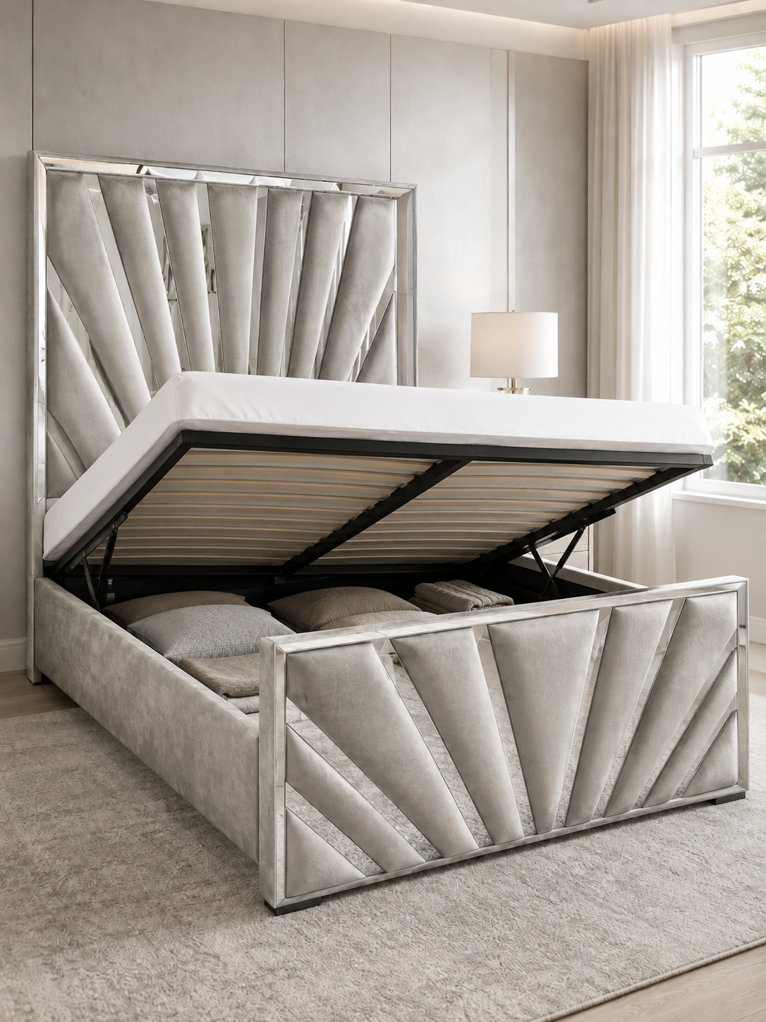 Belgravia Sunburst Deco Ottoman Storage Bed – Silver Grey with the gas-lift base raised, showing the under-bed storage