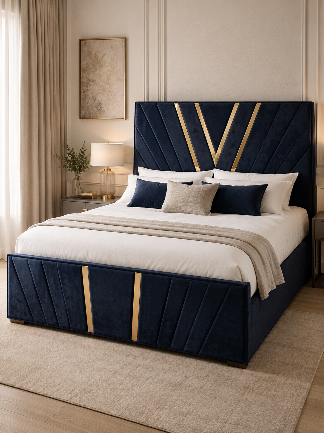 Savoy Gold-Inlay Chevron Ottoman Storage Bed – Navy Blue shown from the side in a styled bedroom