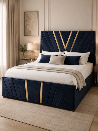 Savoy Gold-Inlay Chevron Ottoman Storage Bed – Navy Blue shown from the side in a styled bedroom
