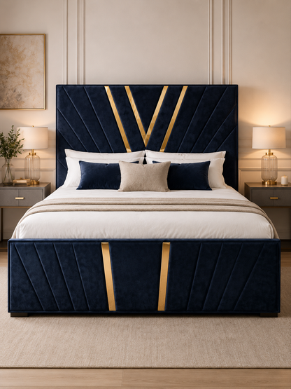 Savoy Gold-Inlay Chevron Ottoman Storage Bed – Navy Blue