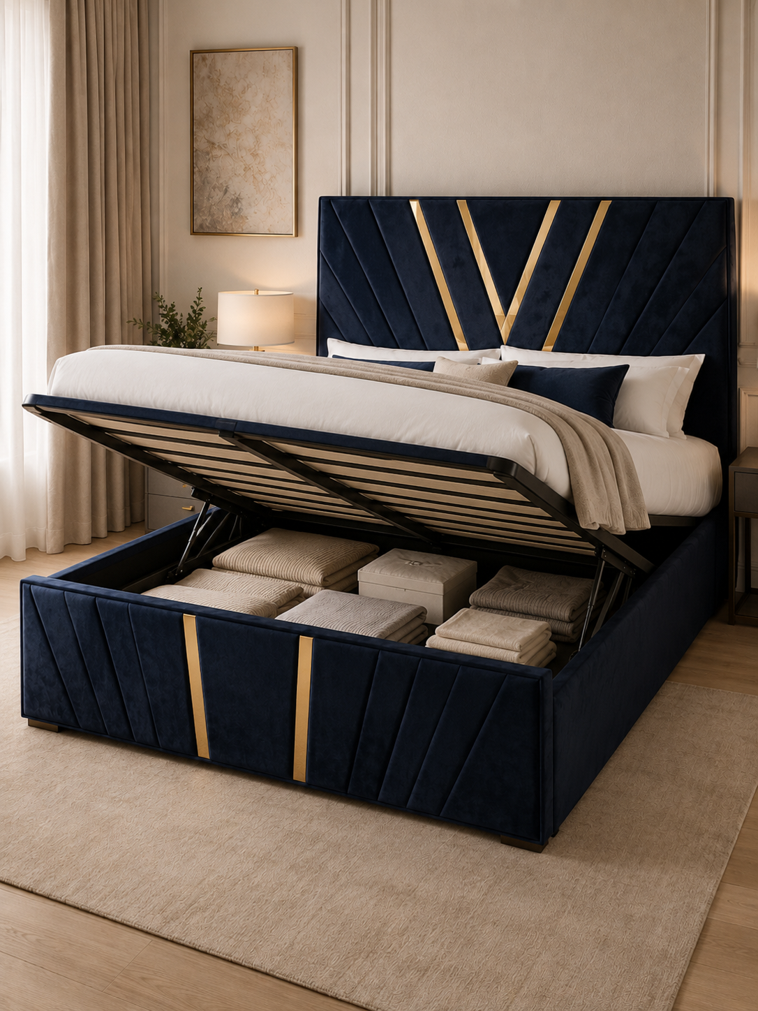 Savoy Gold-Inlay Chevron Ottoman Storage Bed – Navy Blue with the gas-lift base raised, showing the under-bed storage