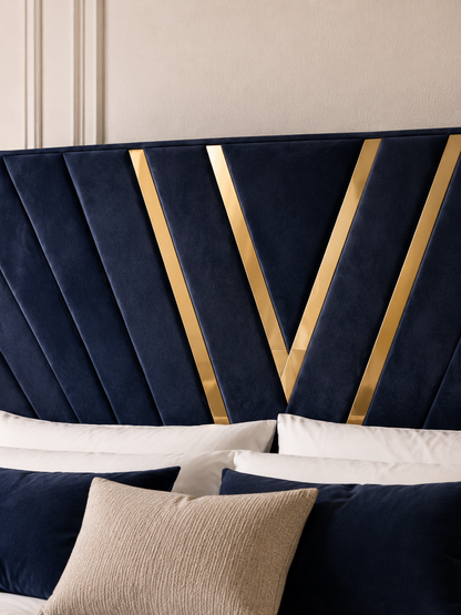 Close detail of the gold-inlay chevron headboard on the Savoy Gold-Inlay Chevron Ottoman Storage Bed – Navy Blue