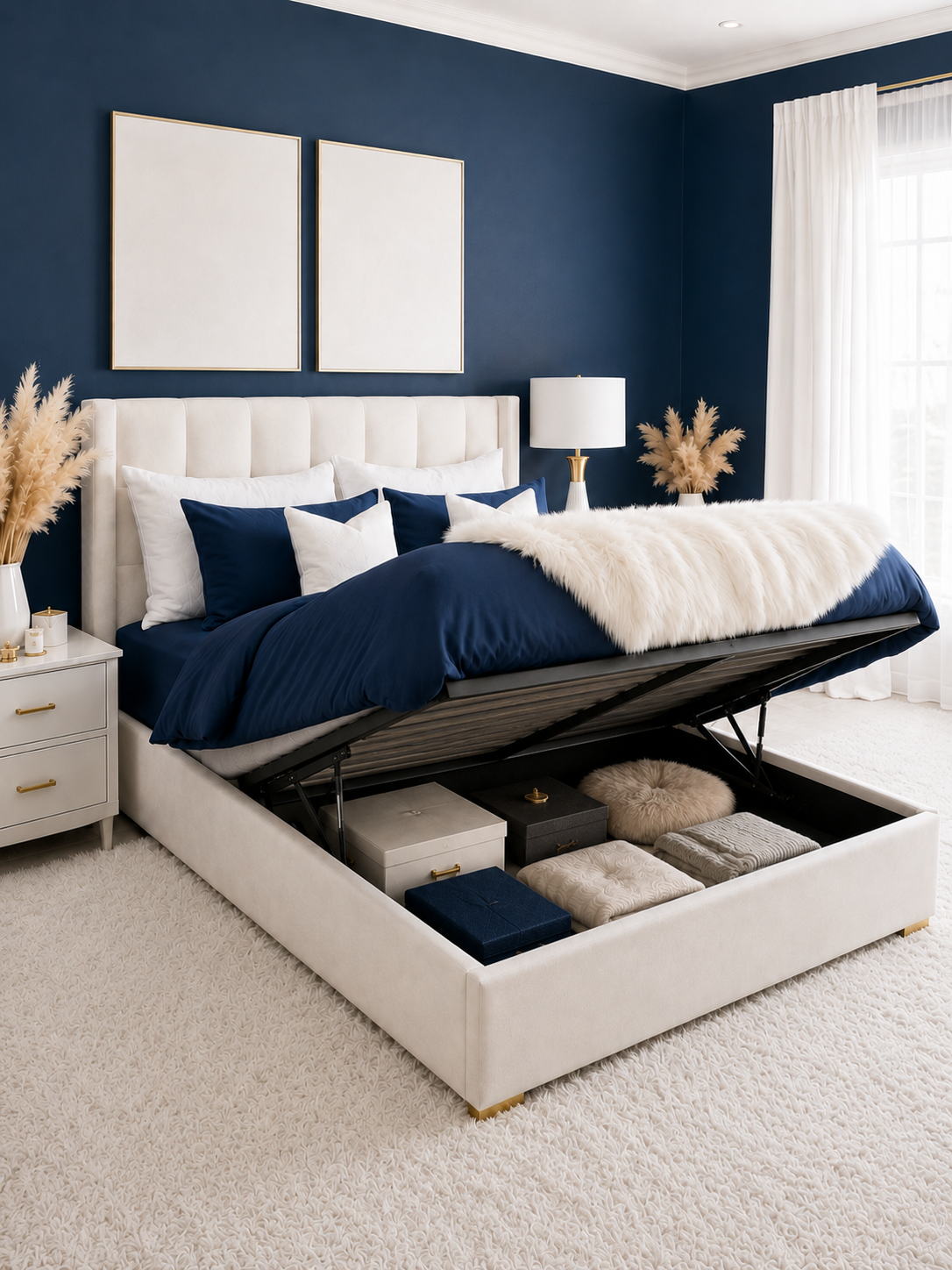 Marylebone Panelled Ottoman Storage Bed – Ivory with the gas-lift base raised, showing the under-bed storage