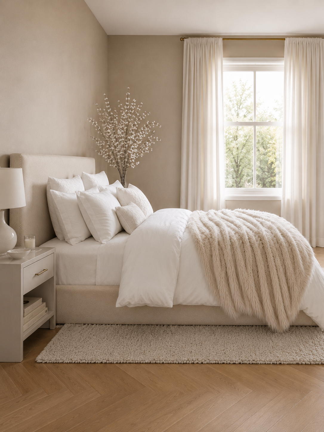 Bloomsbury Wingback Ottoman Storage Bed – Natural Cream shown from the side in a styled bedroom