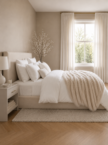 Bloomsbury Wingback Ottoman Storage Bed – Natural Cream shown from the side in a styled bedroom