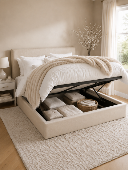 Bloomsbury Wingback Ottoman Storage Bed – Natural Cream with the gas-lift base raised, showing the under-bed storage