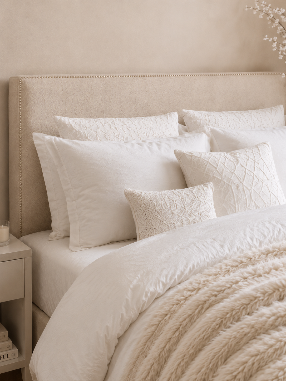 Close detail of the smooth wingback headboard on the Bloomsbury Wingback Ottoman Storage Bed – Natural Cream