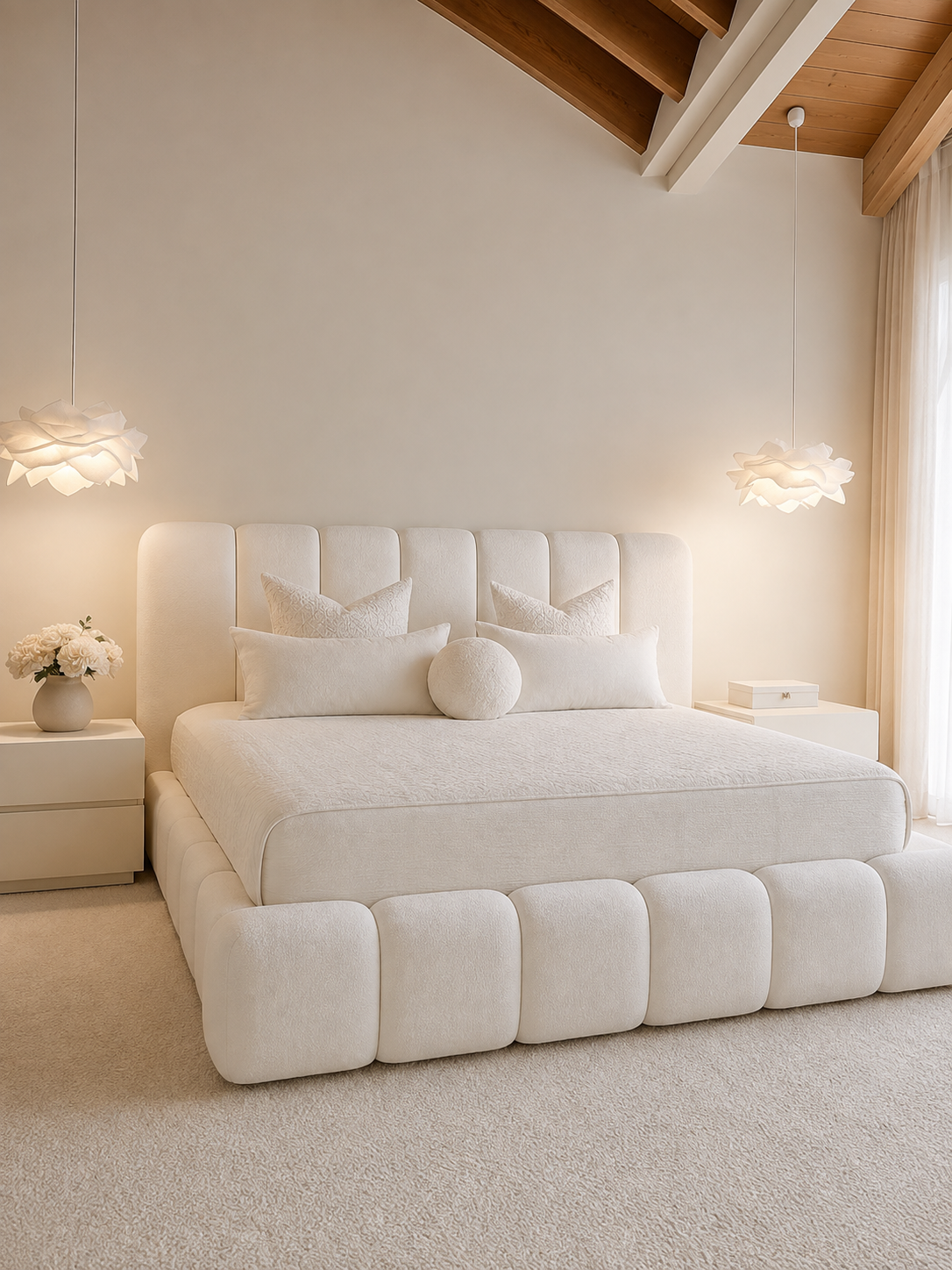 Knightsbridge Bubble Bouclé Ottoman Storage Bed — white ottoman bed in off-white bouclé with a rounded bubble-segment frame (view 1)