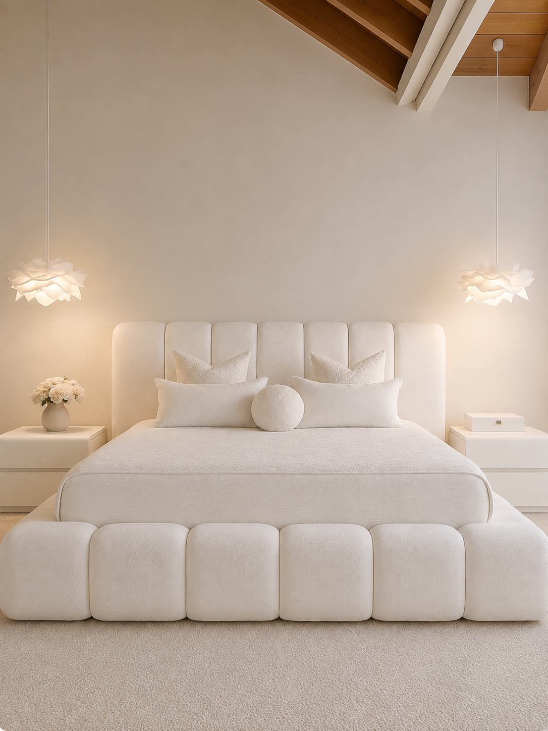 Knightsbridge Bubble Bouclé Ottoman Storage Bed — white ottoman bed in off-white bouclé with a rounded bubble-segment frame (view 2)