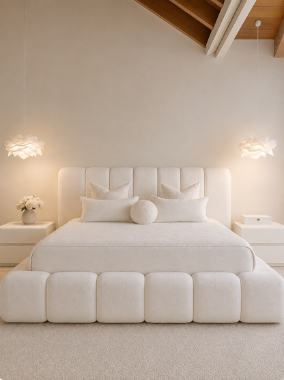 Knightsbridge Bubble Bouclé Ottoman Storage Bed — white ottoman bed in off-white bouclé with a rounded bubble-segment frame (view 2)