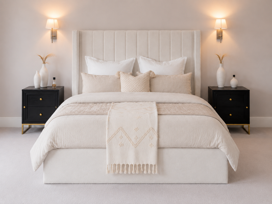 Grosvenor Fluted Wingback Ottoman Storage Bed — white ottoman bed in off-white bouclé with a fluted wingback headboard (view 2)