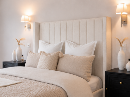 Grosvenor Fluted Wingback Ottoman Storage Bed — white ottoman bed in off-white bouclé with a fluted wingback headboard (view 7)