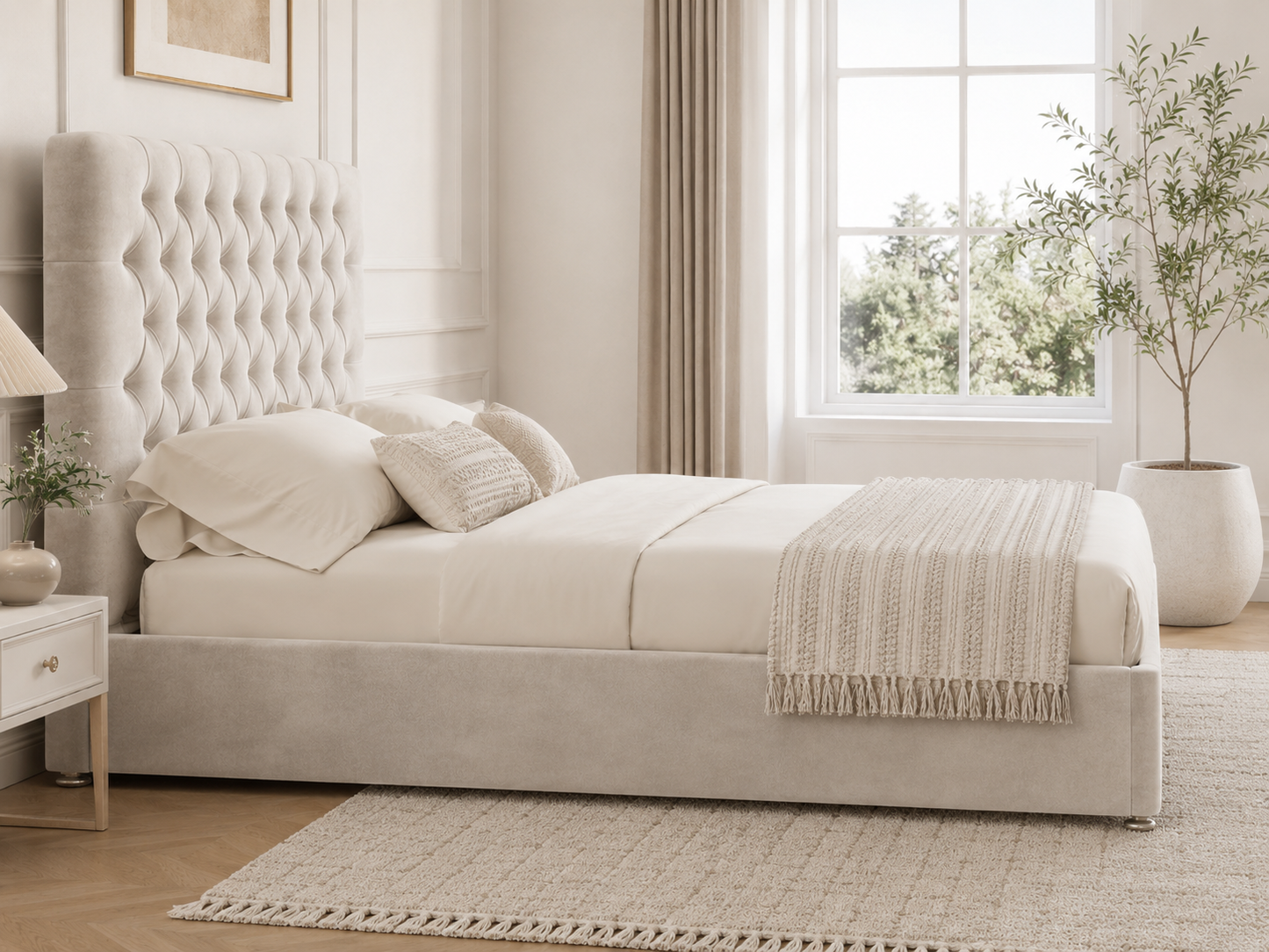Cadogan Buttoned Ottoman Storage Bed — white ottoman bed in ivory velvet with a deep-buttoned headboard (view 3)