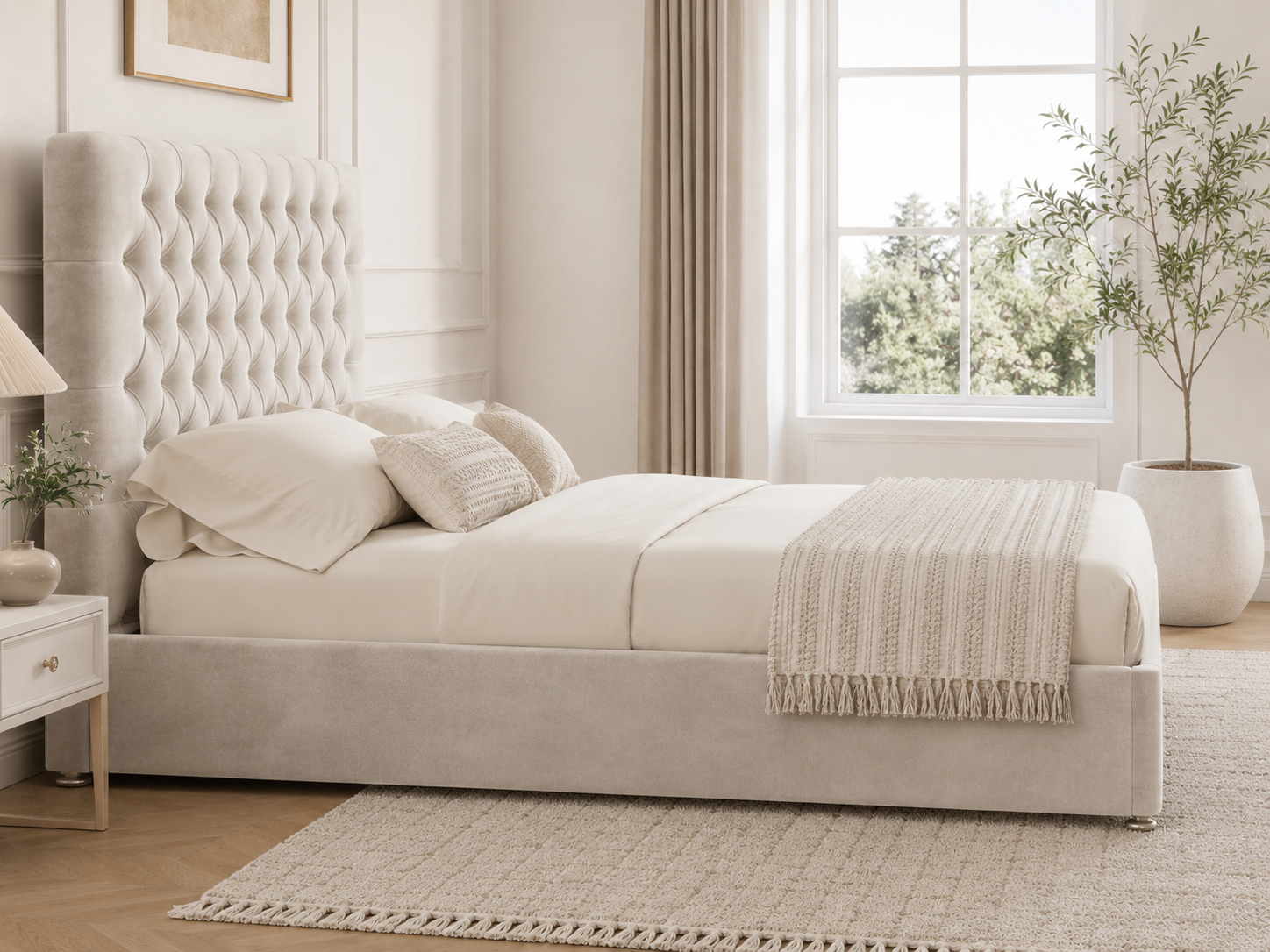 Cadogan Buttoned Ottoman Storage Bed — white ottoman bed in ivory velvet with a deep-buttoned headboard (view 3)