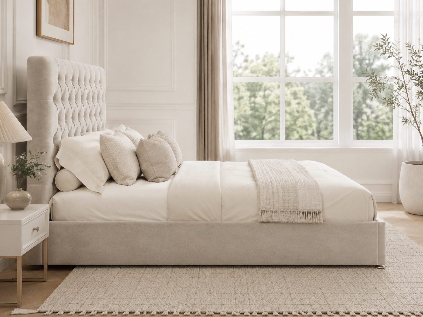 Cadogan Buttoned Ottoman Storage Bed — white ottoman bed in ivory velvet with a deep-buttoned headboard (view 4)
