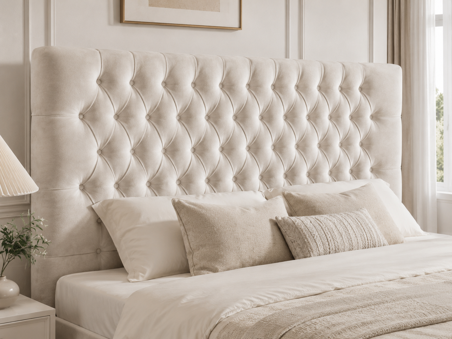 Cadogan Buttoned Ottoman Storage Bed — white ottoman bed in ivory velvet with a deep-buttoned headboard (view 7)